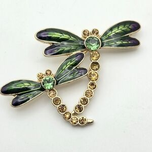 Vintage Anne Klein Iridescent Enamel & Rhinestone Double Dragonfly Brooch